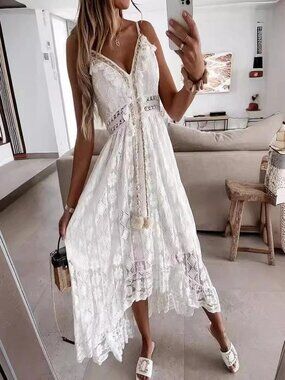 Women's Crochet Lace Maxi Dress Spaghetti Strap V Neck Cami Beach Boho Sundress